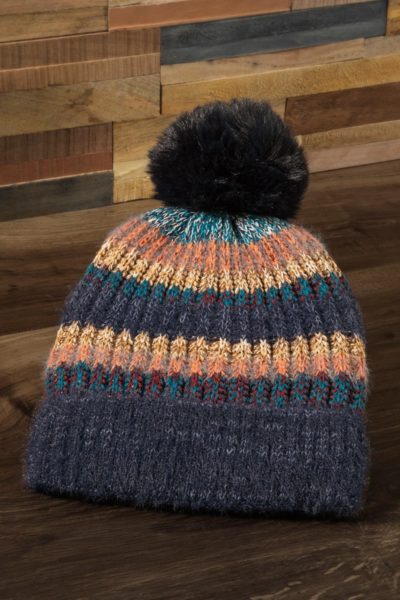 Merry & Bright Metallic Striped Pompom Beanie