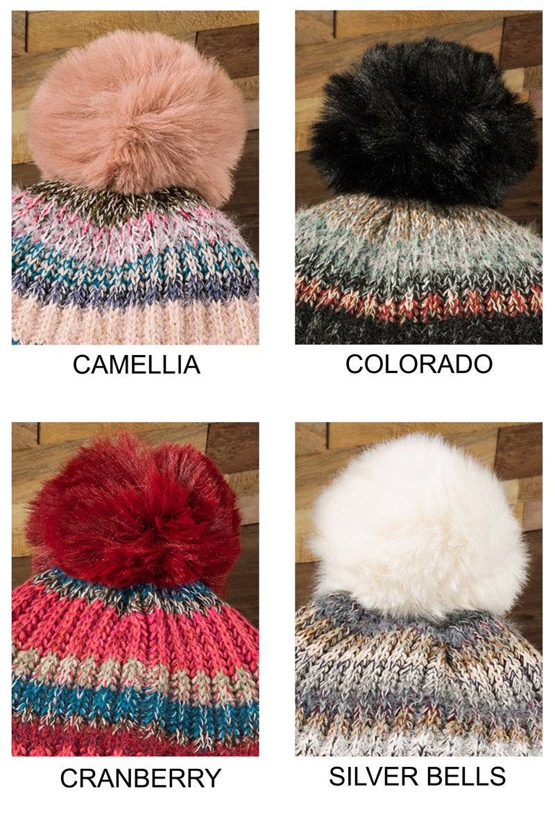 Merry & Bright Metallic Striped Pompom Beanie