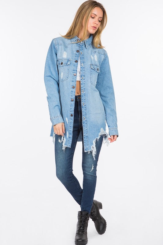 Can't Stop Me Now Curvy Distressed Denim Shacket