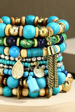 Turquoise Queen 9 Layered Mixed Bead Stretch Bracelet