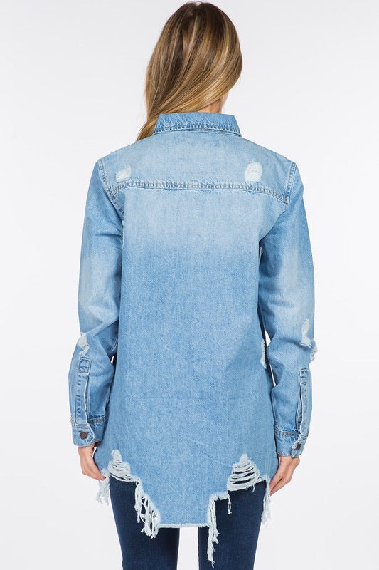 Can't Stop Me Now Curvy Distressed Denim Shacket