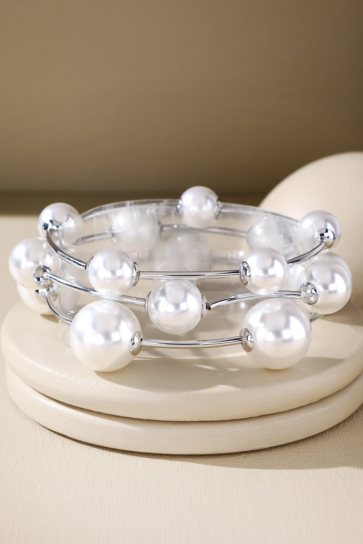3 Set Pearl & Metal Beads Stretchy Bracelet
