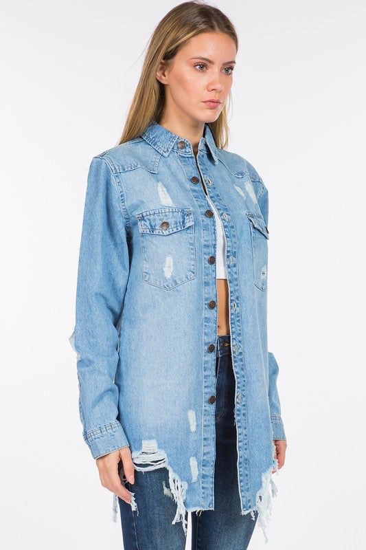 Can't Stop Me Now Curvy Distressed Denim Shacket