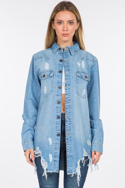 Can't Stop Me Now Curvy Distressed Denim Shacket