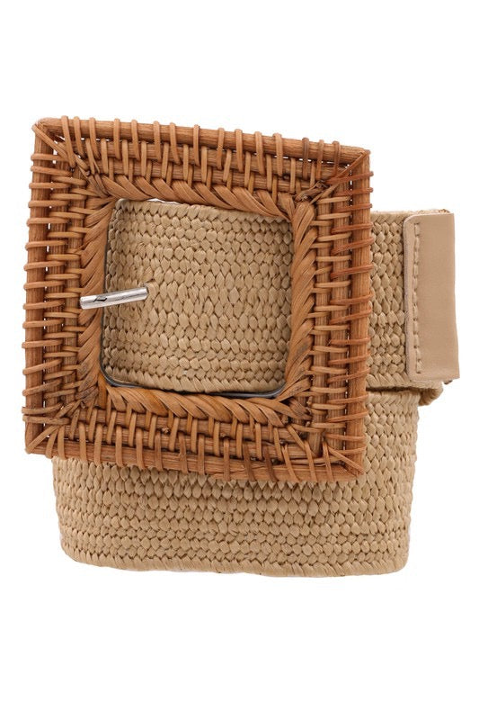 Just A Little Boho Wood Square Buckle Woven Straw Stretch Belt