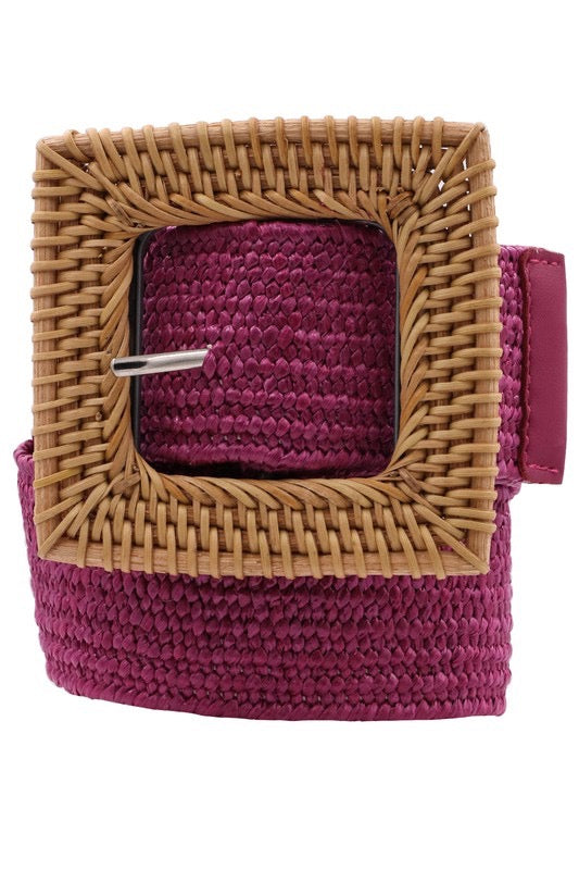 Just A Little Boho Wood Square Buckle Woven Straw Stretch Belt