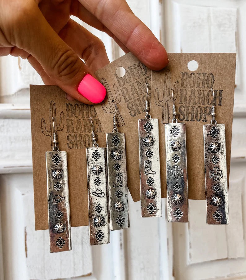 Heavily Influenced Western Stamped Bar Pendent Earrings