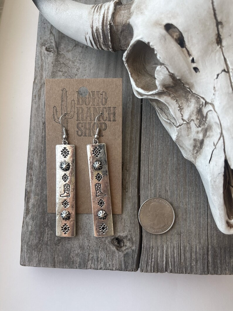 Heavily Influenced Western Stamped Bar Pendent Earrings