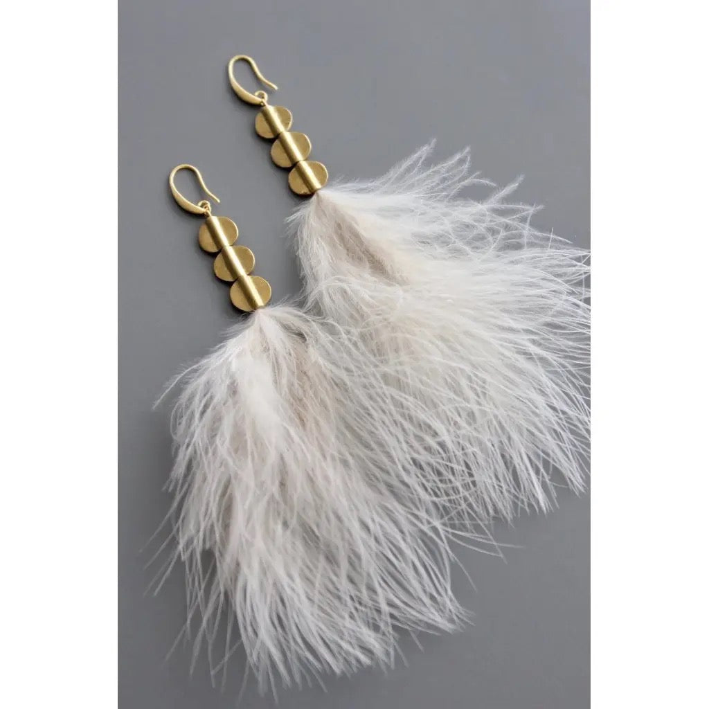 Soft Touches Brush Feather And Brass Disc Earrings