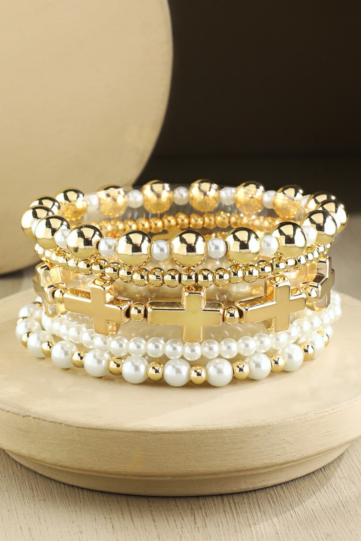Stackable Pearl Bead & Cross Charm Bracelet
