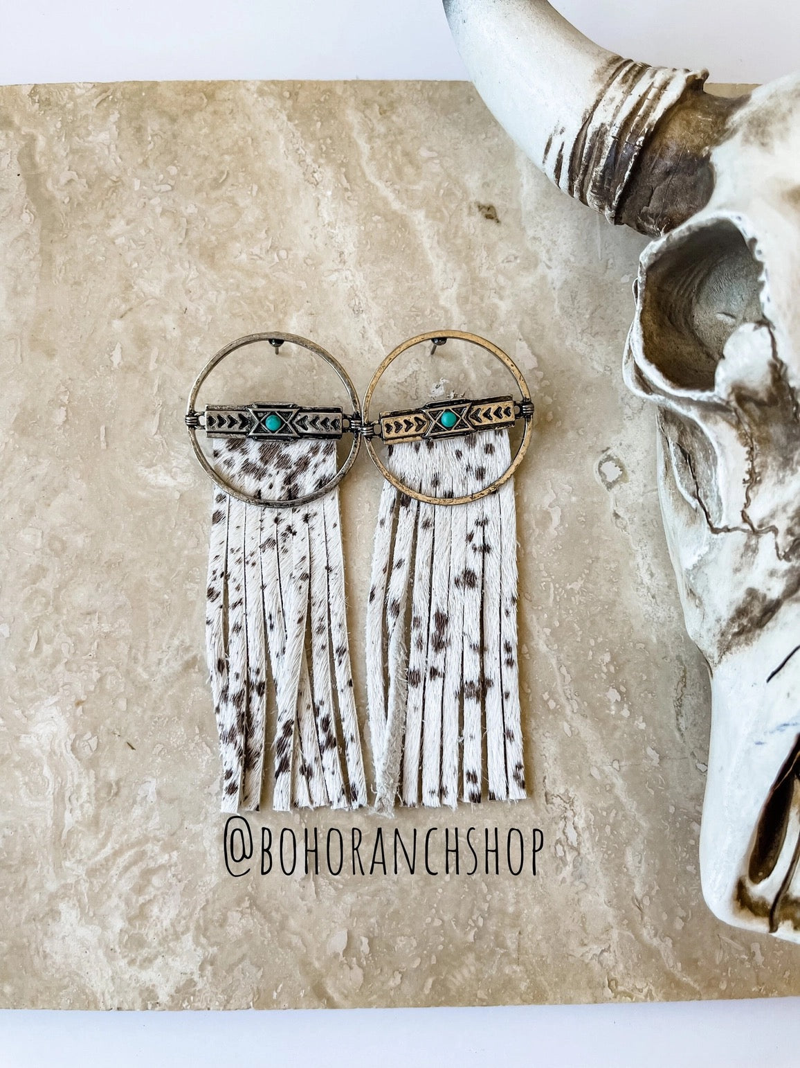 Wild West Round Metal Cowhide Fringe Earrings