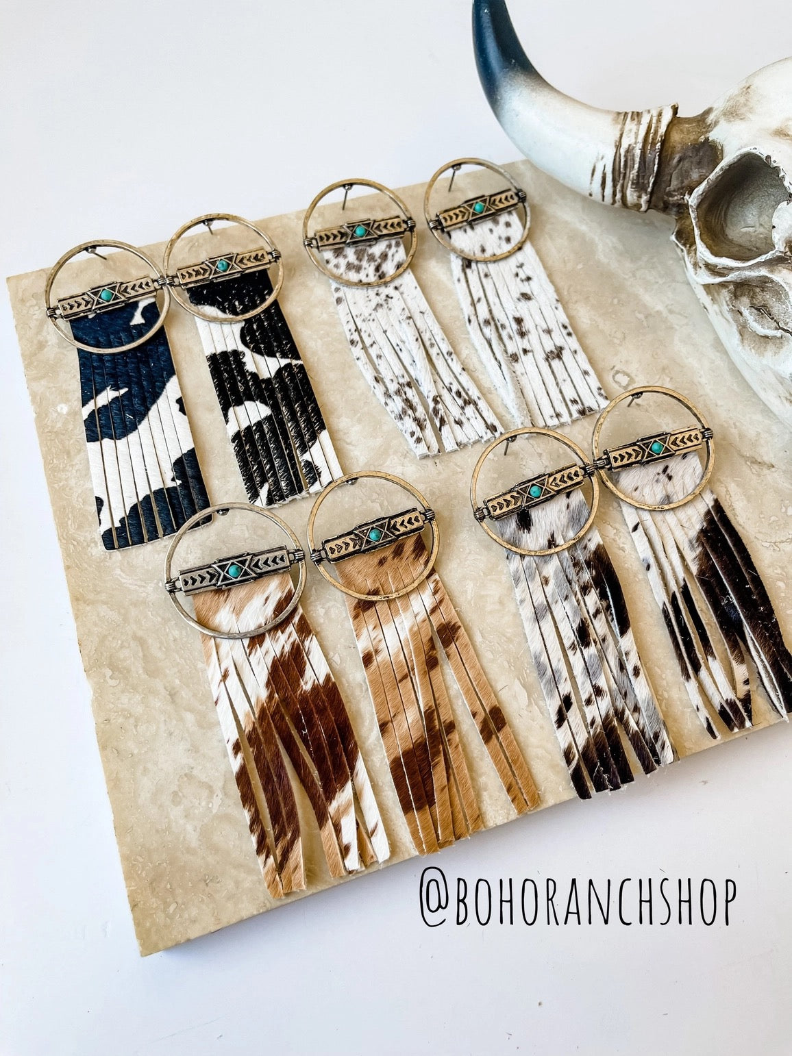 Wild West Round Metal Cowhide Fringe Earrings