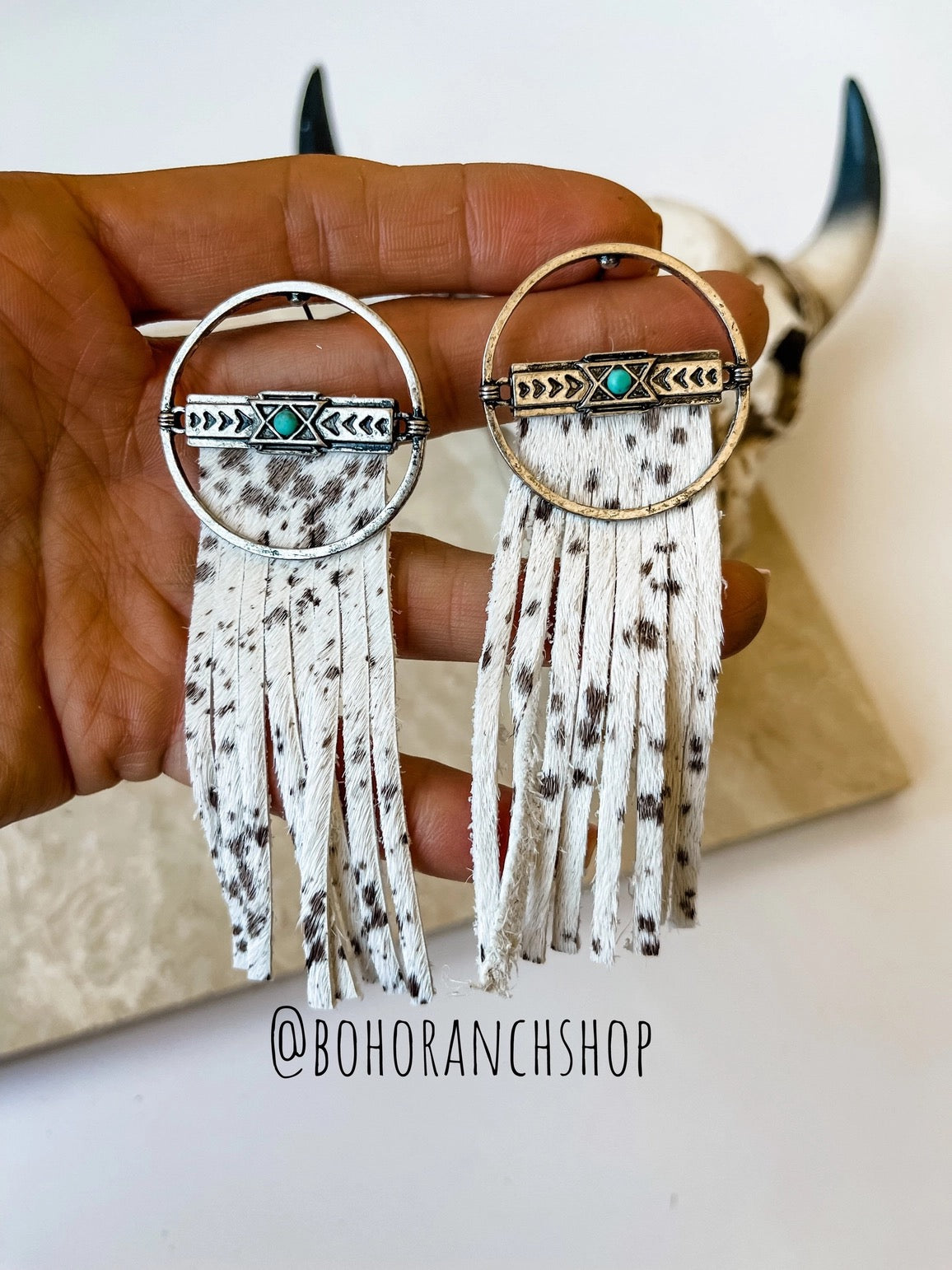 Wild West Round Metal Cowhide Fringe Earrings