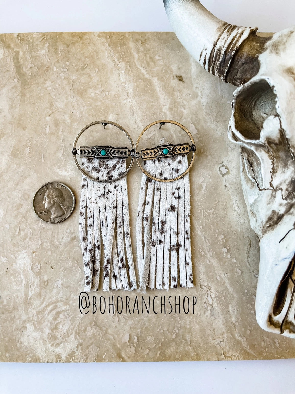 Wild West Round Metal Cowhide Fringe Earrings