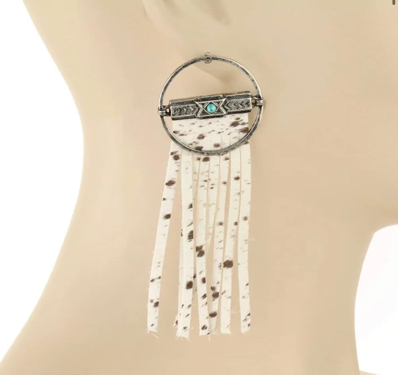 Wild West Round Metal Cowhide Fringe Earrings