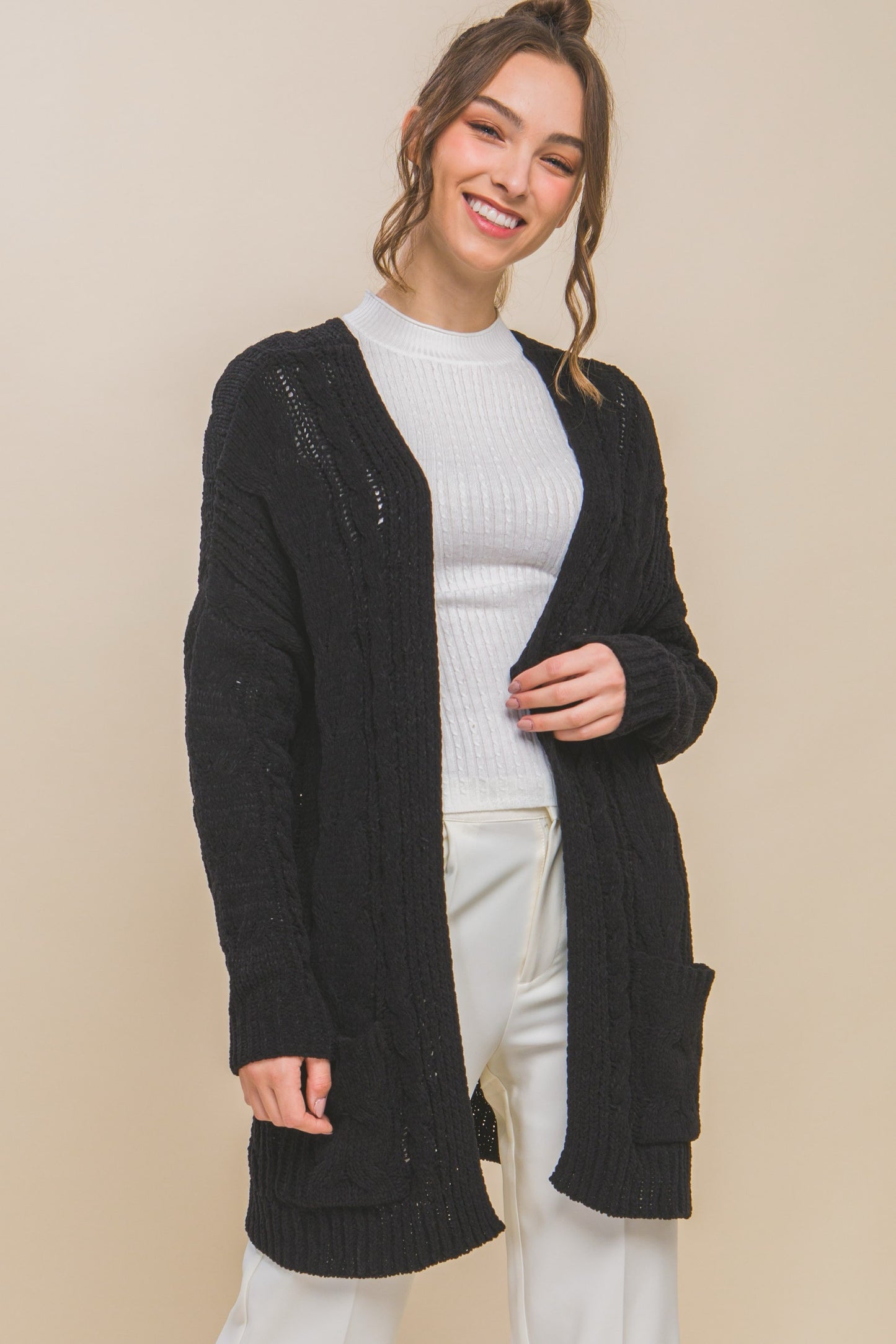 Lost In A Novel Chenille Cable Knit Oversized Cardigan