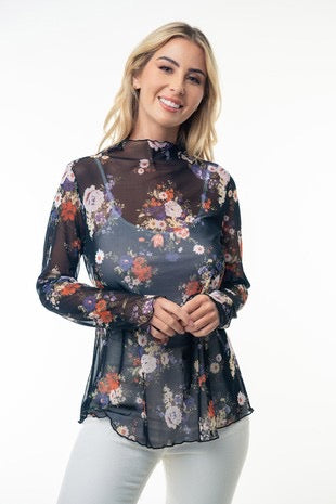 Curvy White Birch - Long Sleeve Floral Print Mesh Knit Top