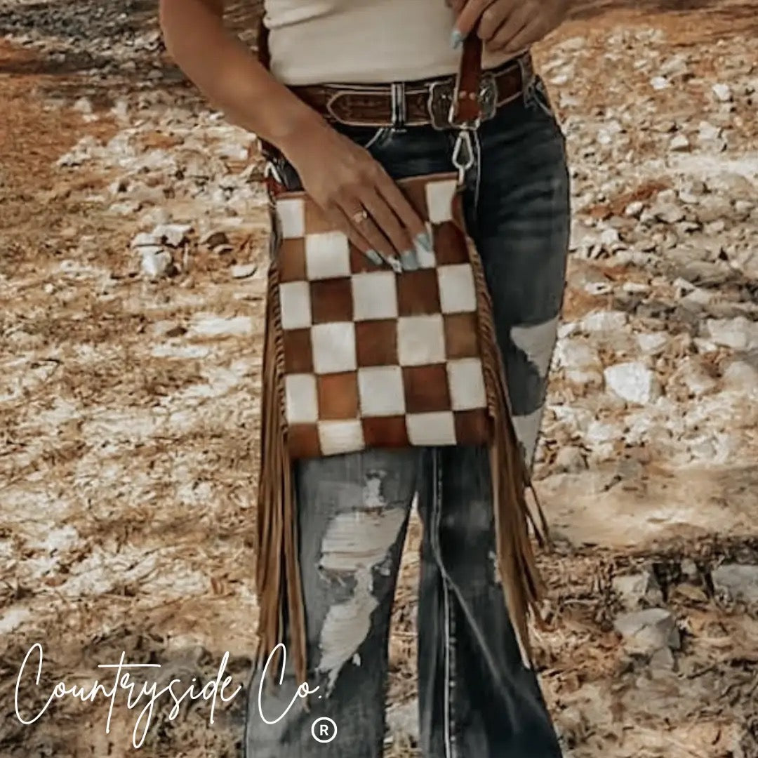 Lasso You In Checkered Cowhide Fringe Purse