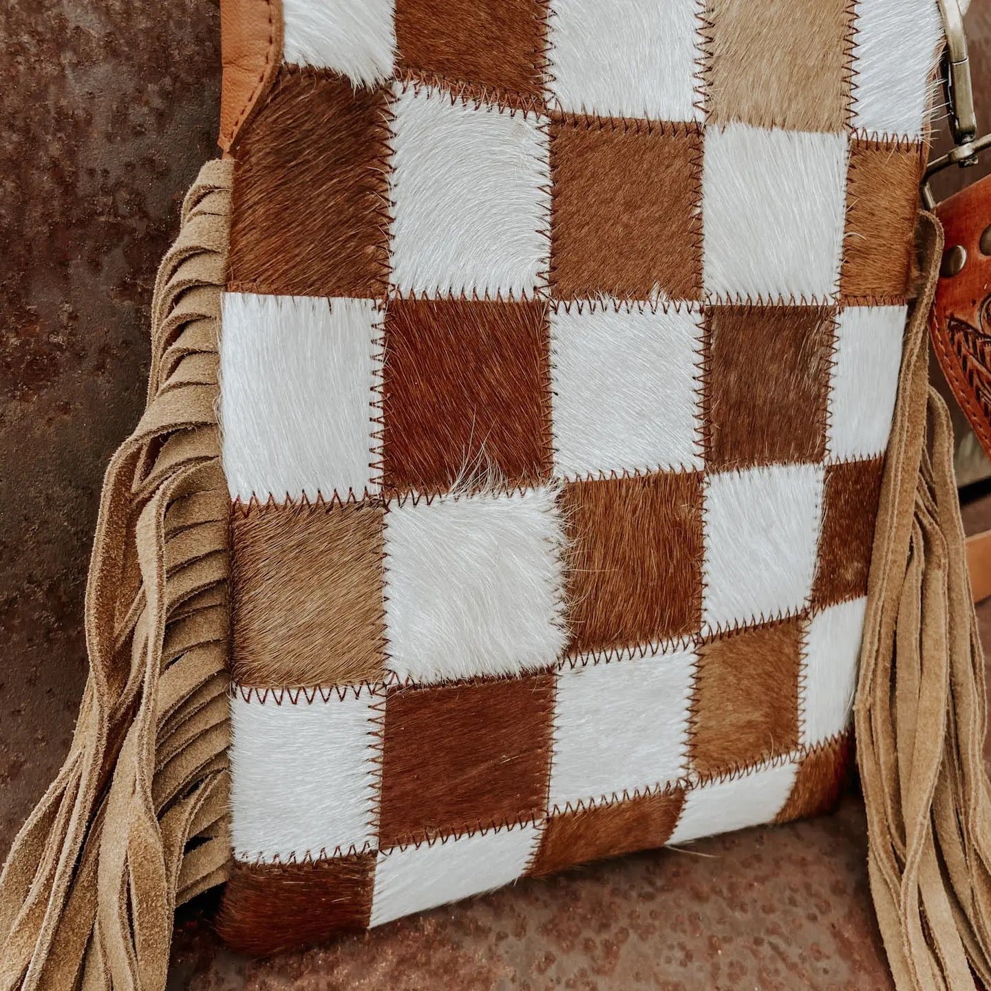 Lasso You In Checkered Cowhide Fringe Purse