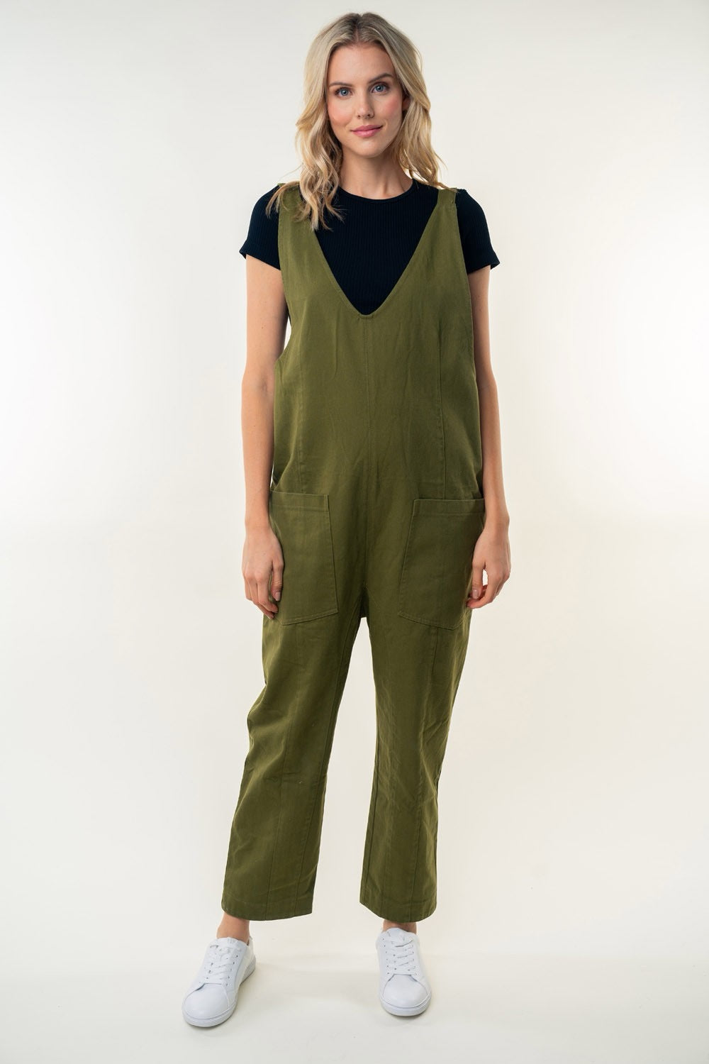 Curvy White Birch - Sleeveless Solid Knit Olive Jumpsuit