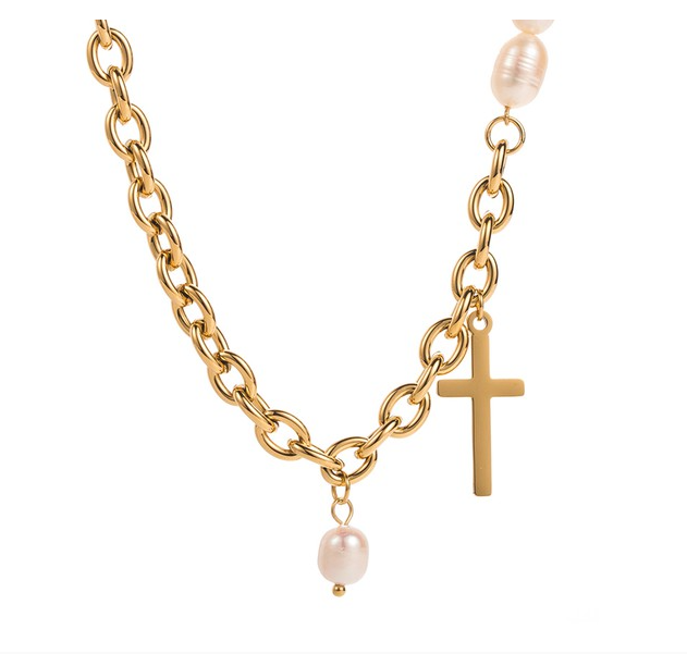 Gold Pray Diligently Pearl Chain Necklace w/ Cross Charm