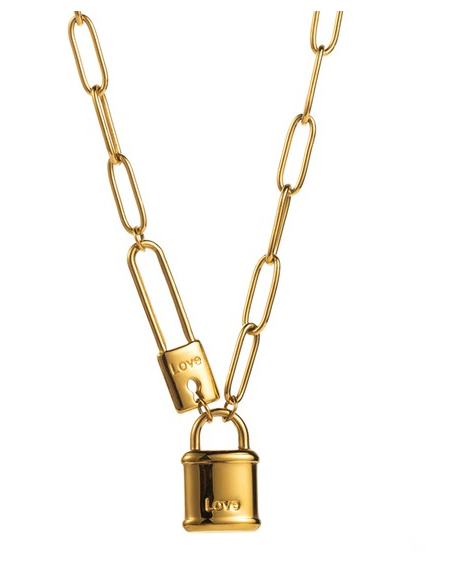 Gold Love & Layer Necklace LOCK Paperclip Style