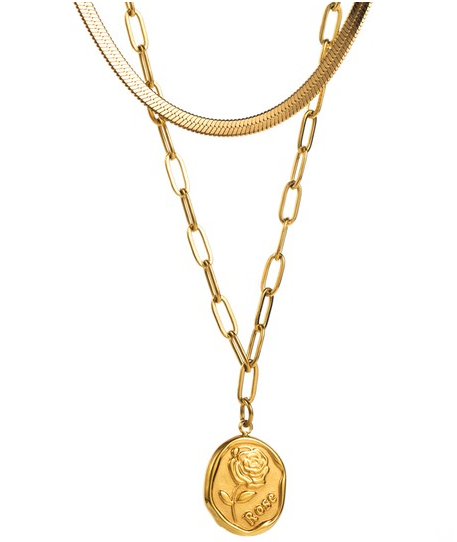 Gold Love & Layer Necklace ROSE stamped Medallion style