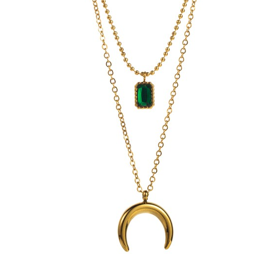 Gold Love & Layer Necklace HORN oval w/ Green Stone Style