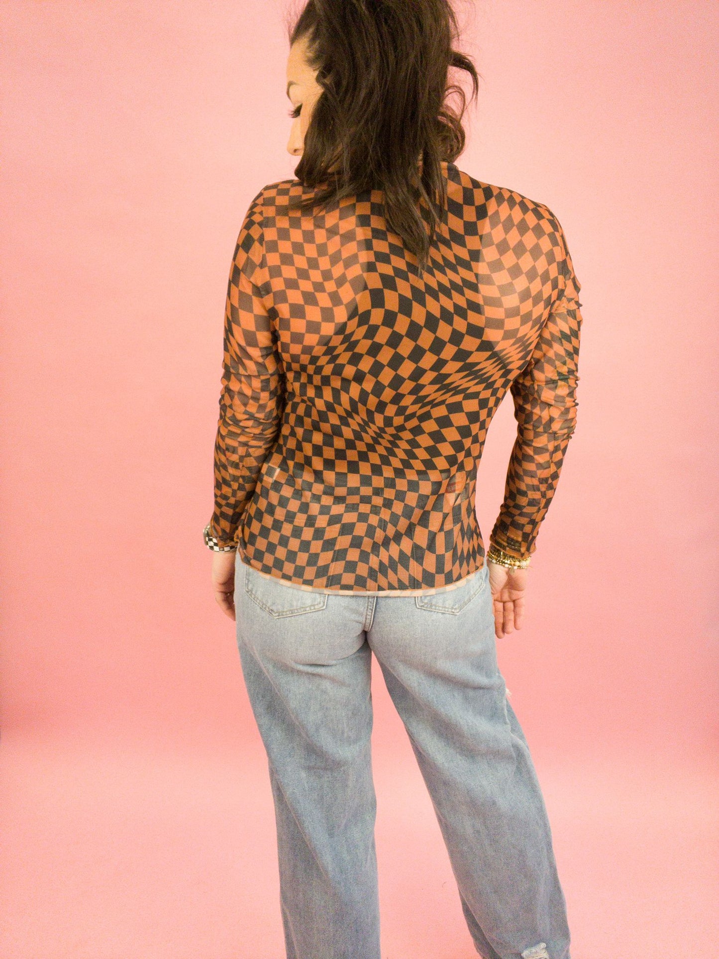 Check The Boxes Long Sleeved Checkered Mesh Top (NEW COLOR OPTION)