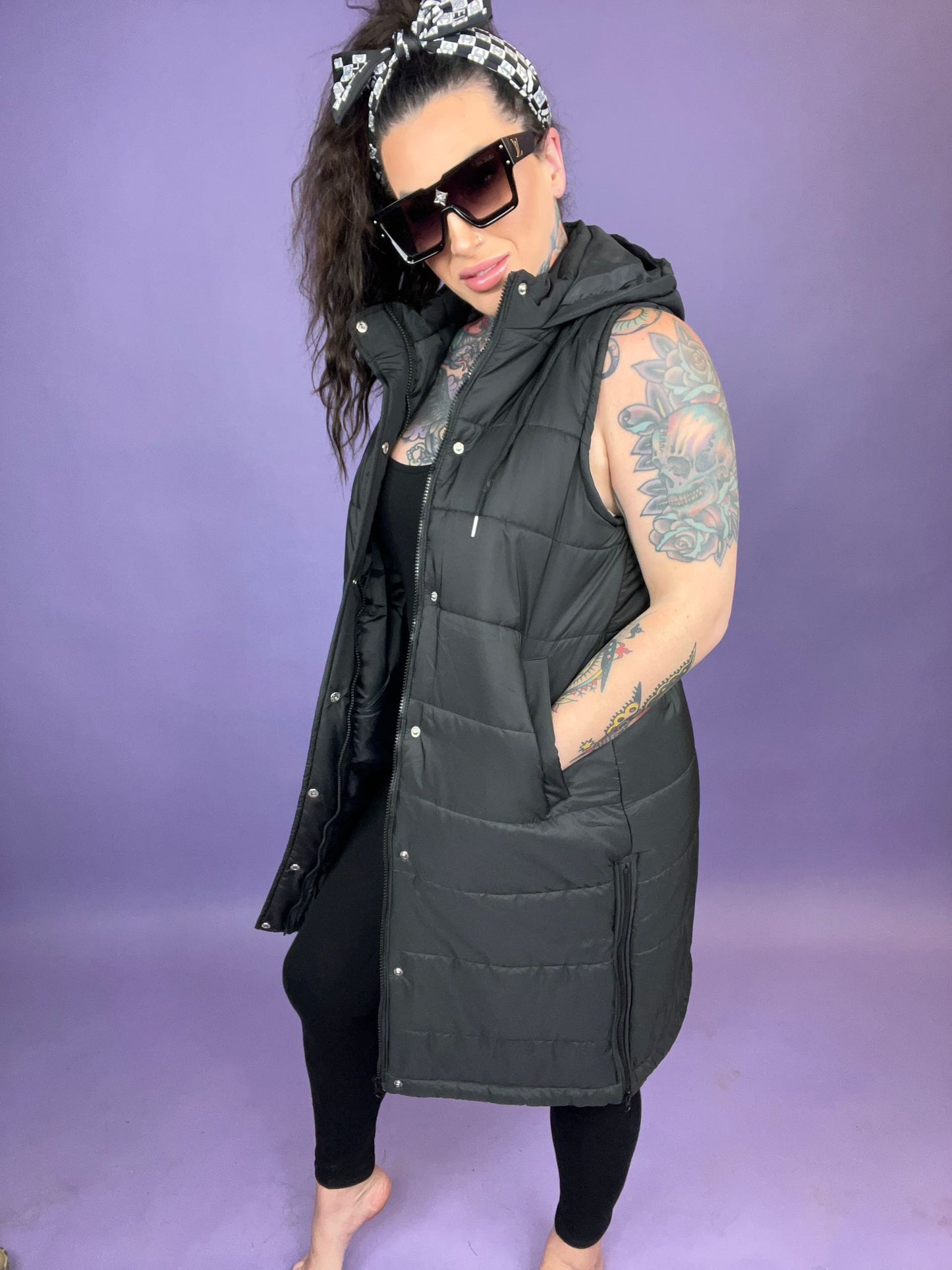 Puff Don't Pout Sister Long BLACK Puffer Vest w/ Hood & Pockets