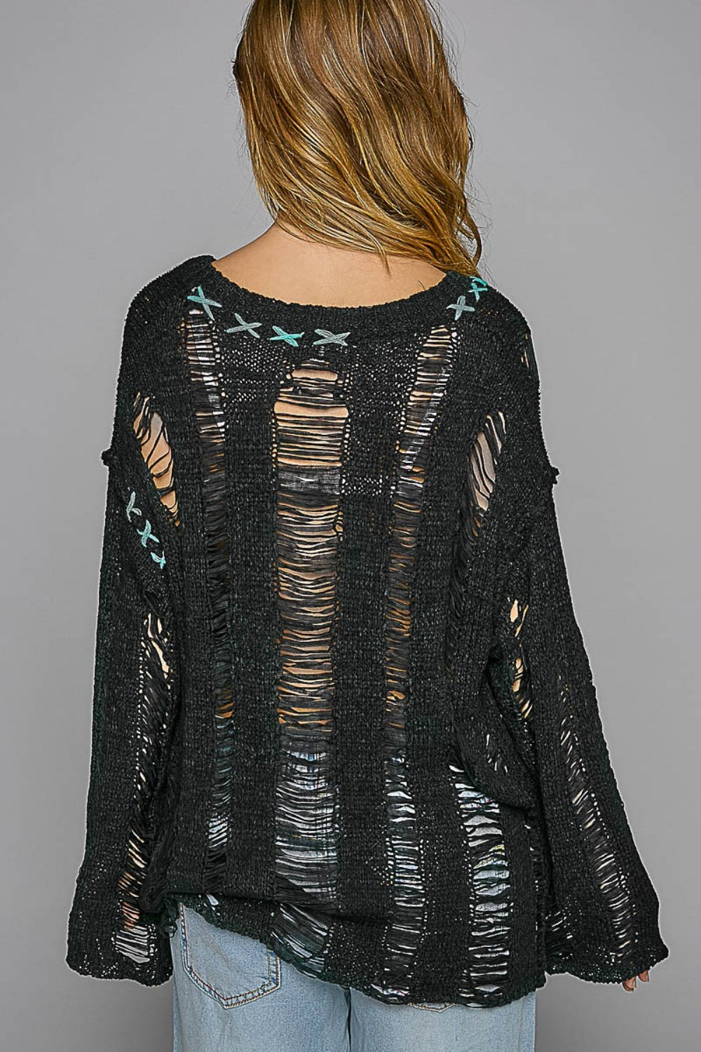 Stitched In Confidence Distressed Dropped Shoulder Long Sleeve Knit Top (POL)