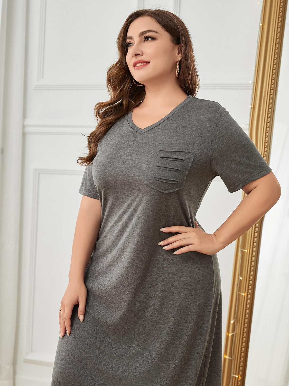 (Curvy) Lunch Date Pocketed V-Neck Short Sleeve Lounge Dress - BP