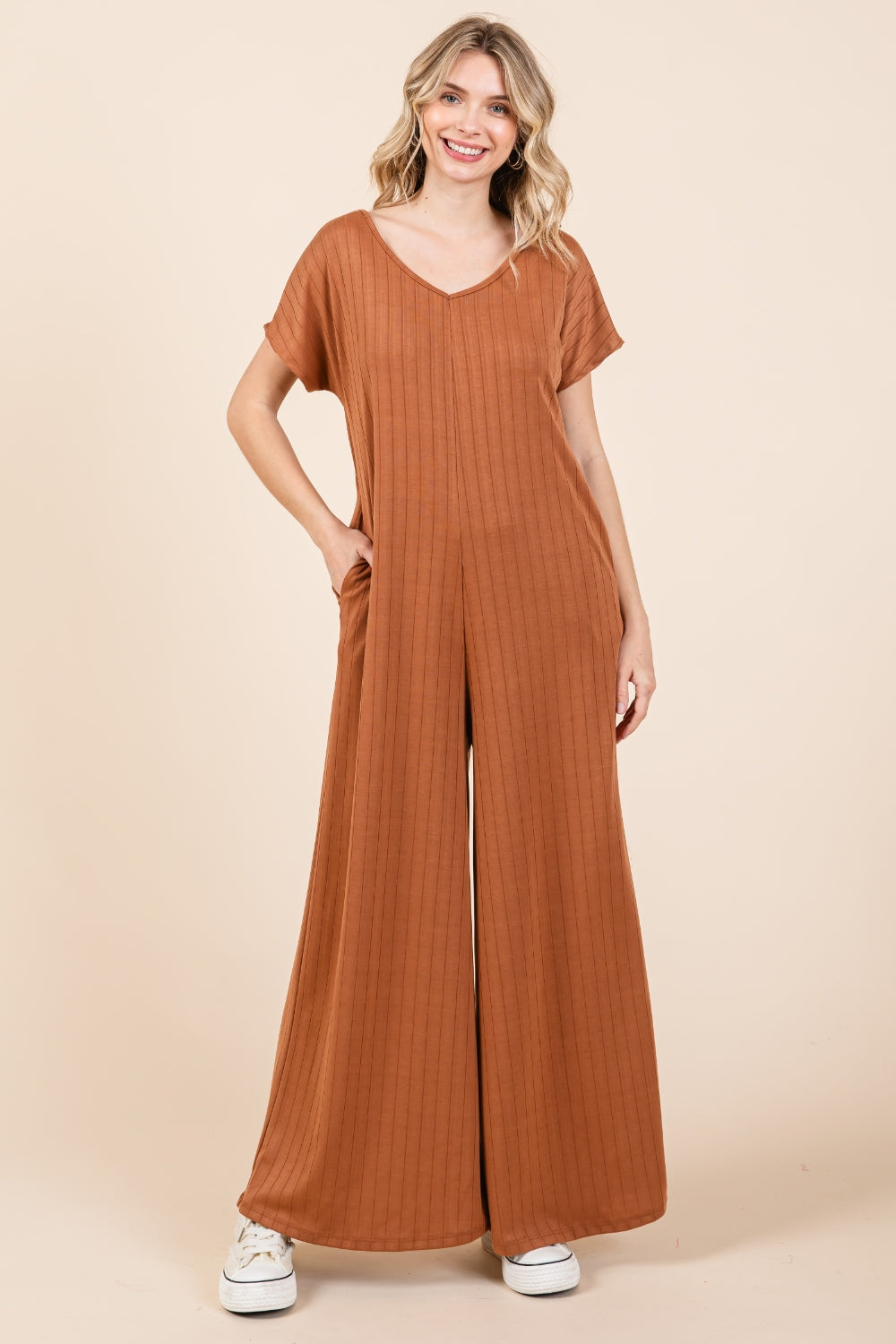 BOMBOM Executive Behavior Ribbed Short Sleeve Wide Leg Jumpsuit - BP