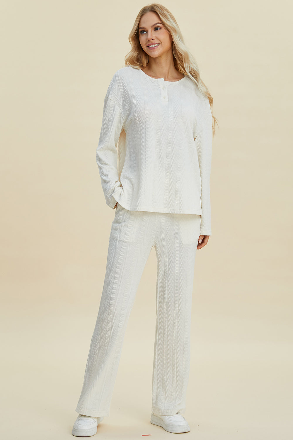 (S-3X /Multiple Colors) Trust Me Double Take Cable-Knit Long Sleeve Top and Pants Set