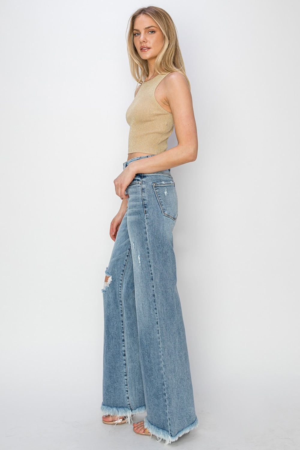 RISEN Gemma Mid Rise Button Fly Wide Leg Jeans - BP