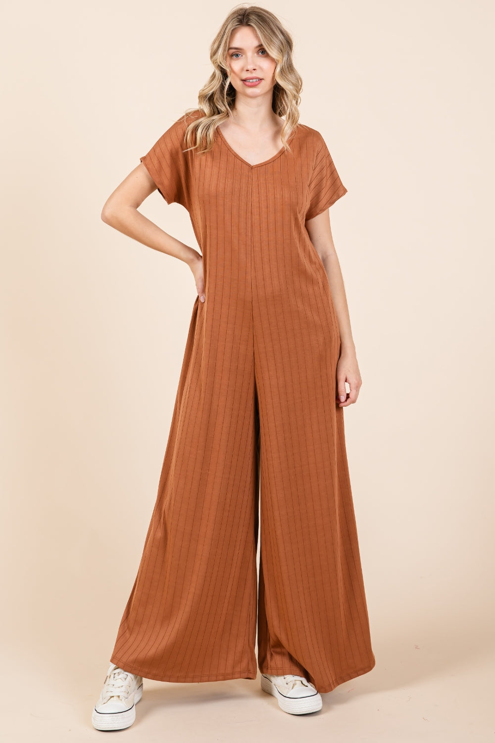 BOMBOM Executive Behavior Ribbed Short Sleeve Wide Leg Jumpsuit - BP