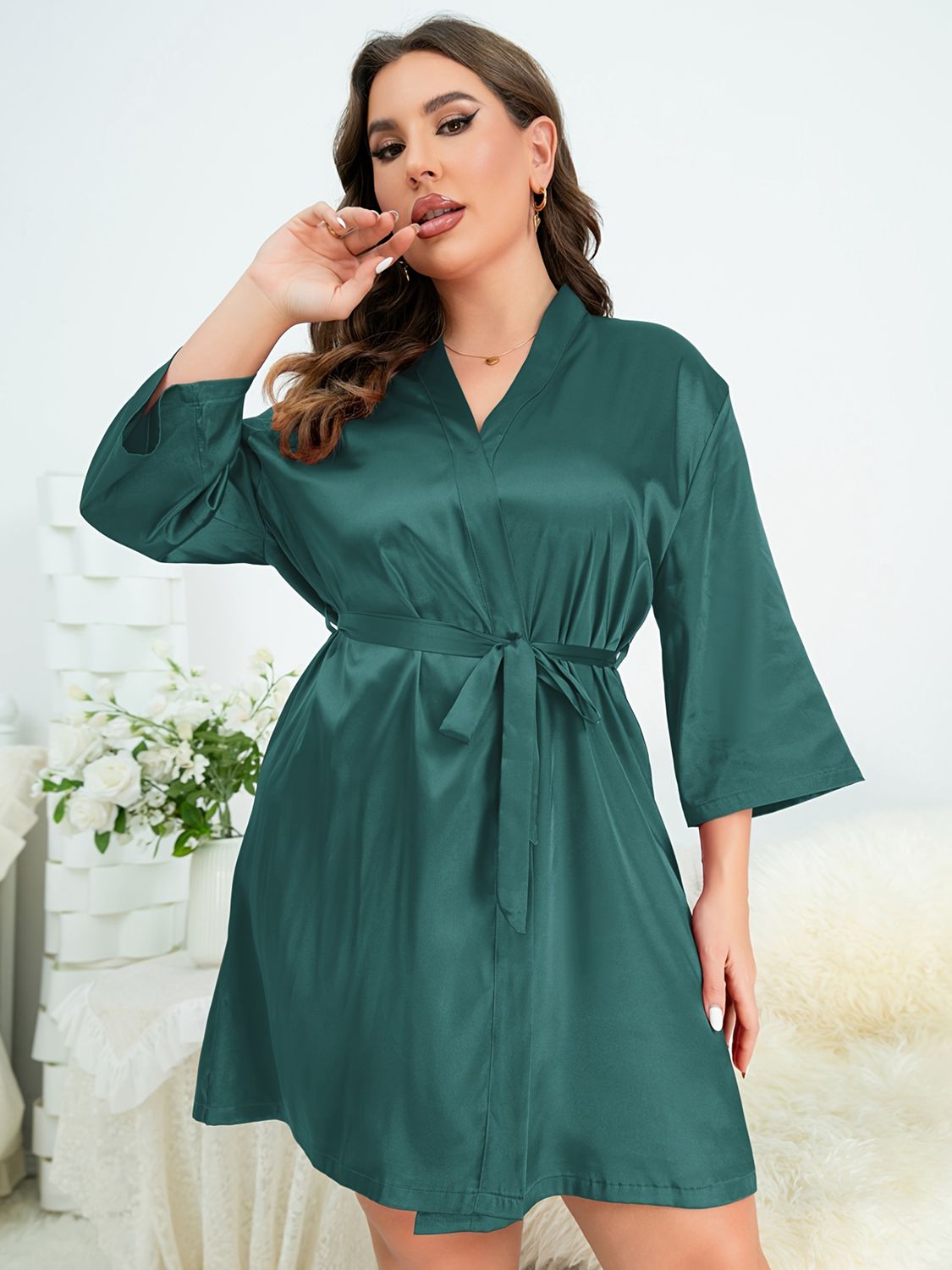 (1X-5X) Sassy Date Nights Surplice Neck Tie Waist Robe (Multiple Colors) - BP