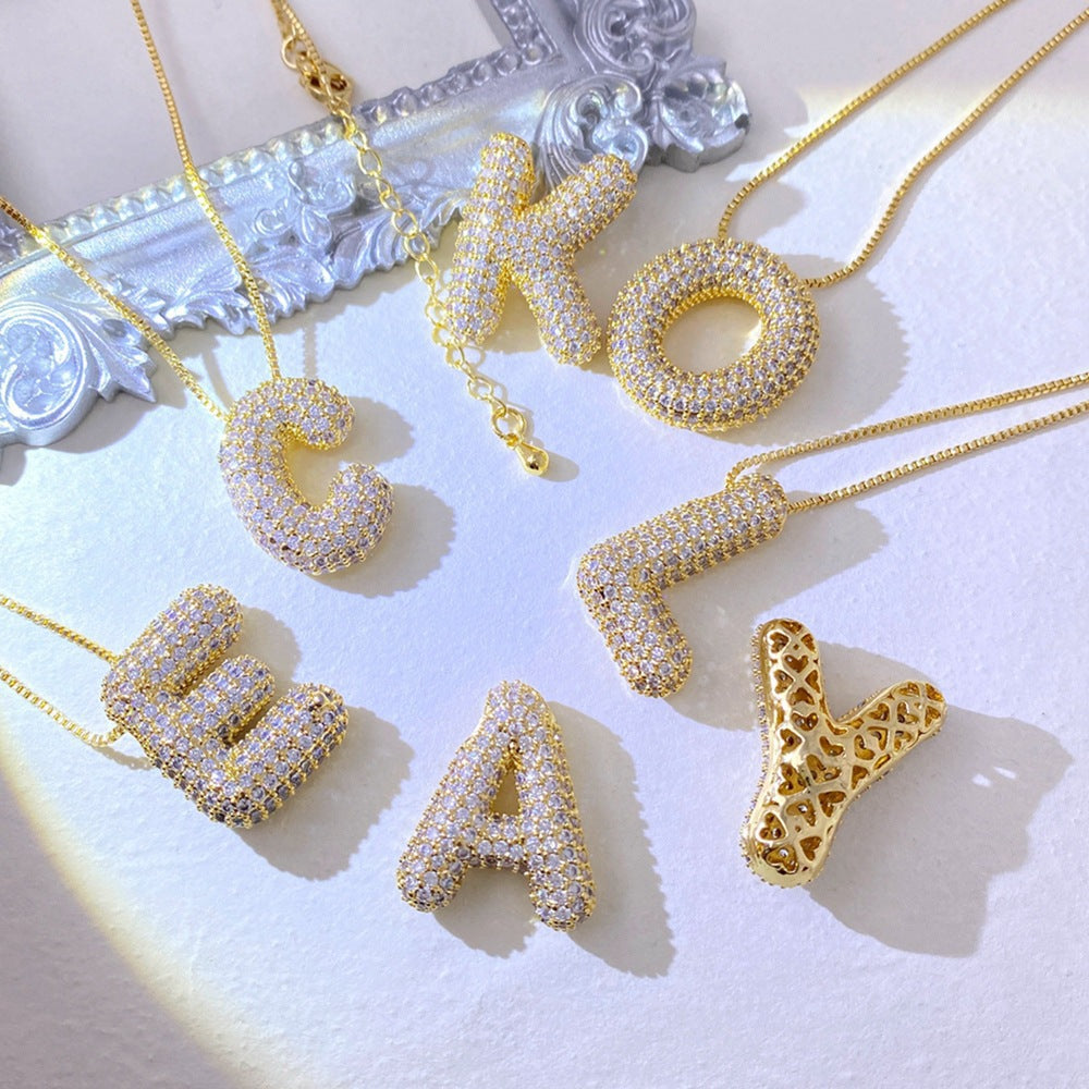 (L-U) Hi, My Name Is Inlaid Zircon Bubble Initial Necklace