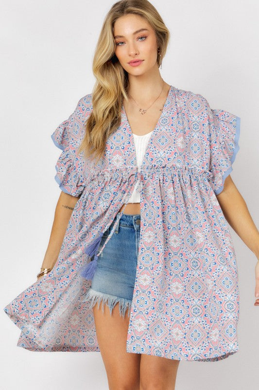 Cover Me In Daisies Printed Short Sleeve Ruffle Kimono (Davi & Dani)