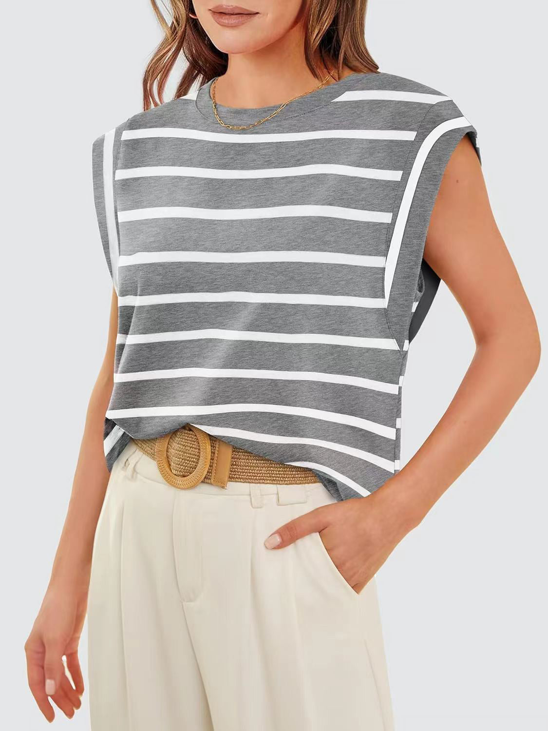 (S-2X) Happiest Here Striped Round Neck Cap Sleeve T-Shirt (Multiple Colors)