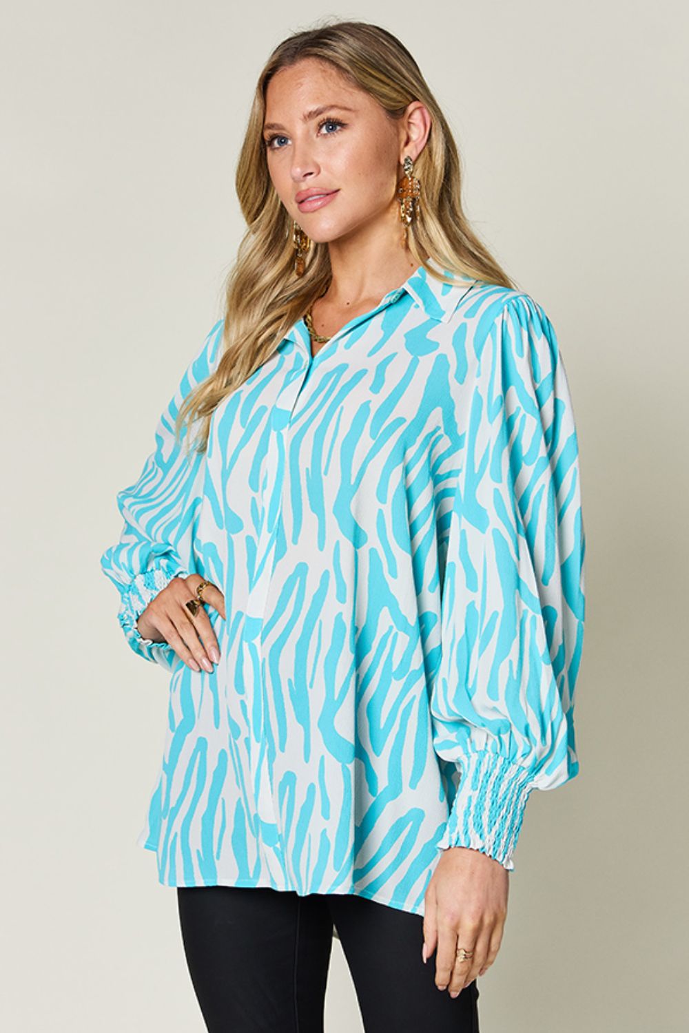 (S-3X) Stating My Opinion Printed Smocked Long Sleeve Blouse (Multiple Colors) - BP