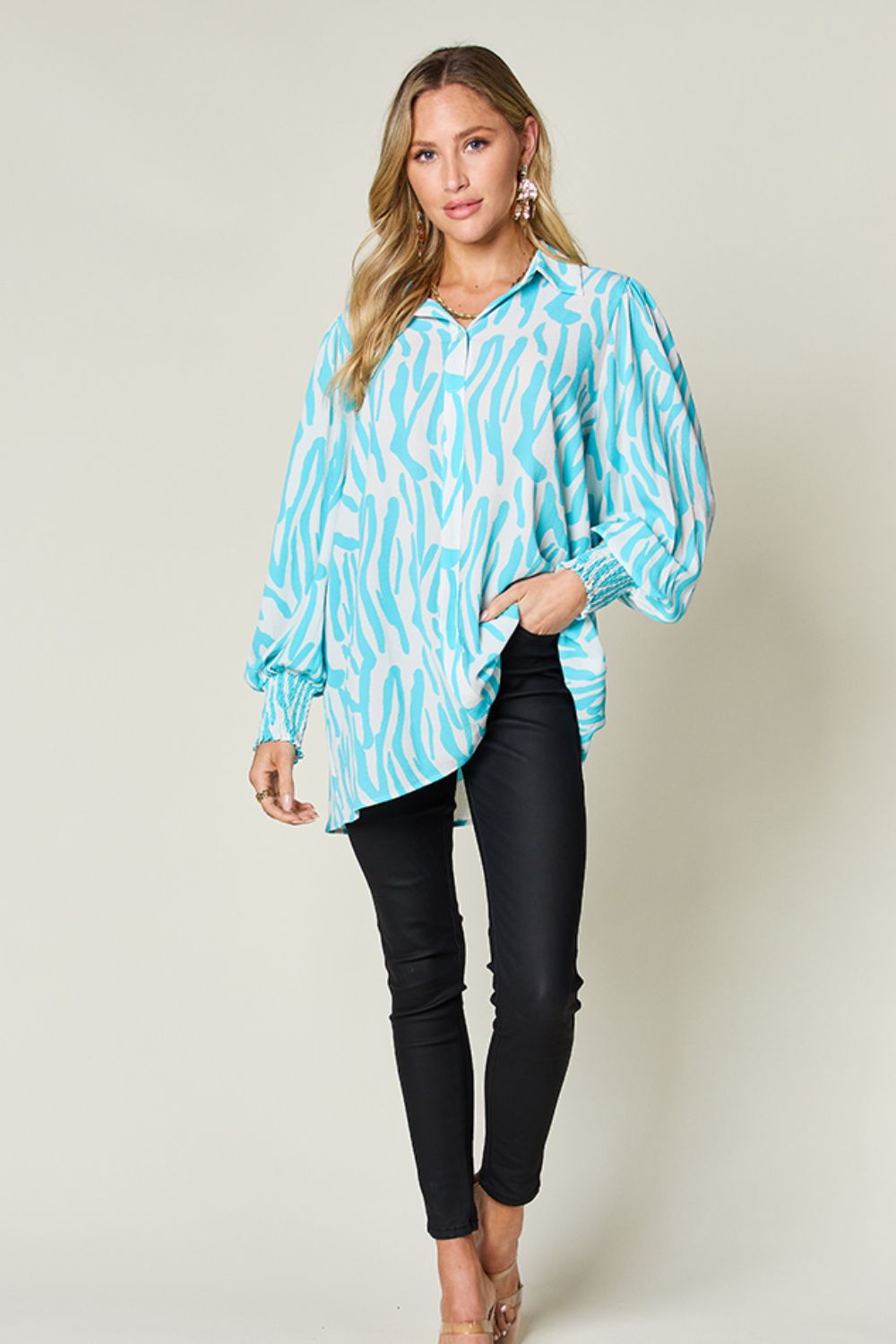 (S-3X) Stating My Opinion Printed Smocked Long Sleeve Blouse (Multiple Colors) - BP