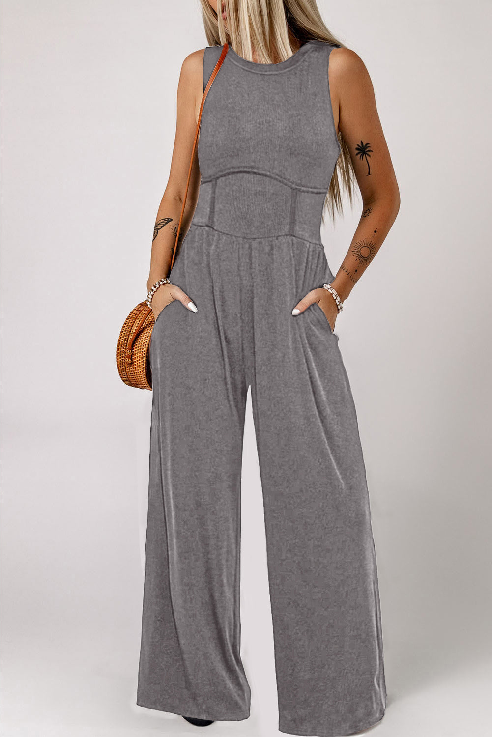 Waiting In Patience Round Neck Sleeveless Jumpsuit with Pockets - BP