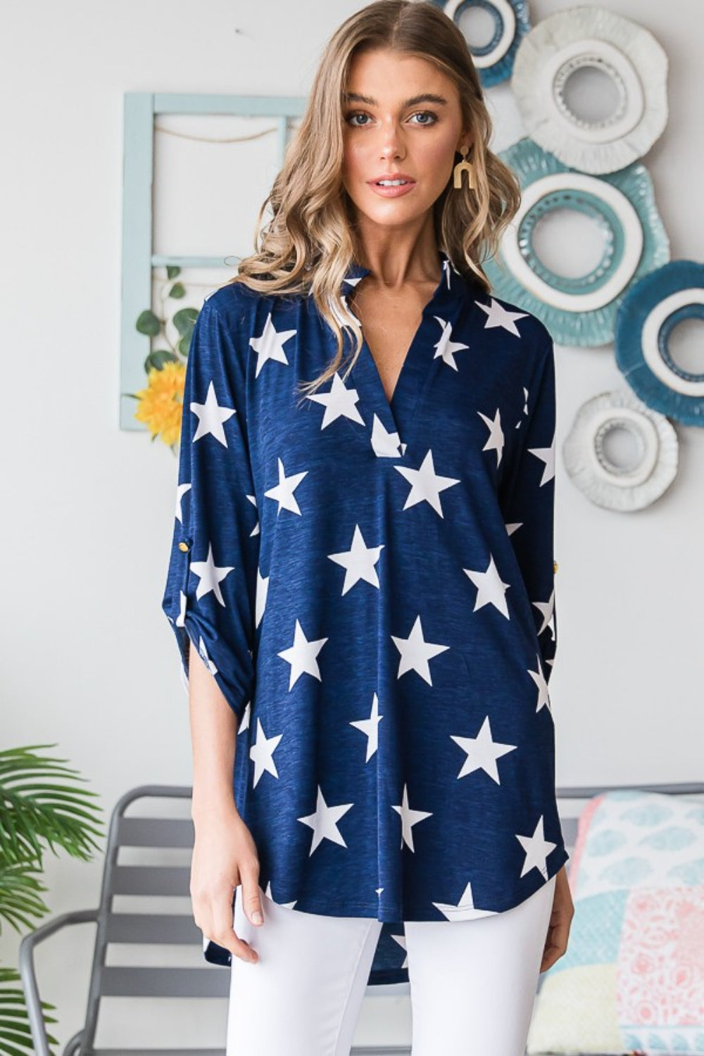 (S-3X) For My Country Heimish Roll-Tab Sleeve Star Print Top