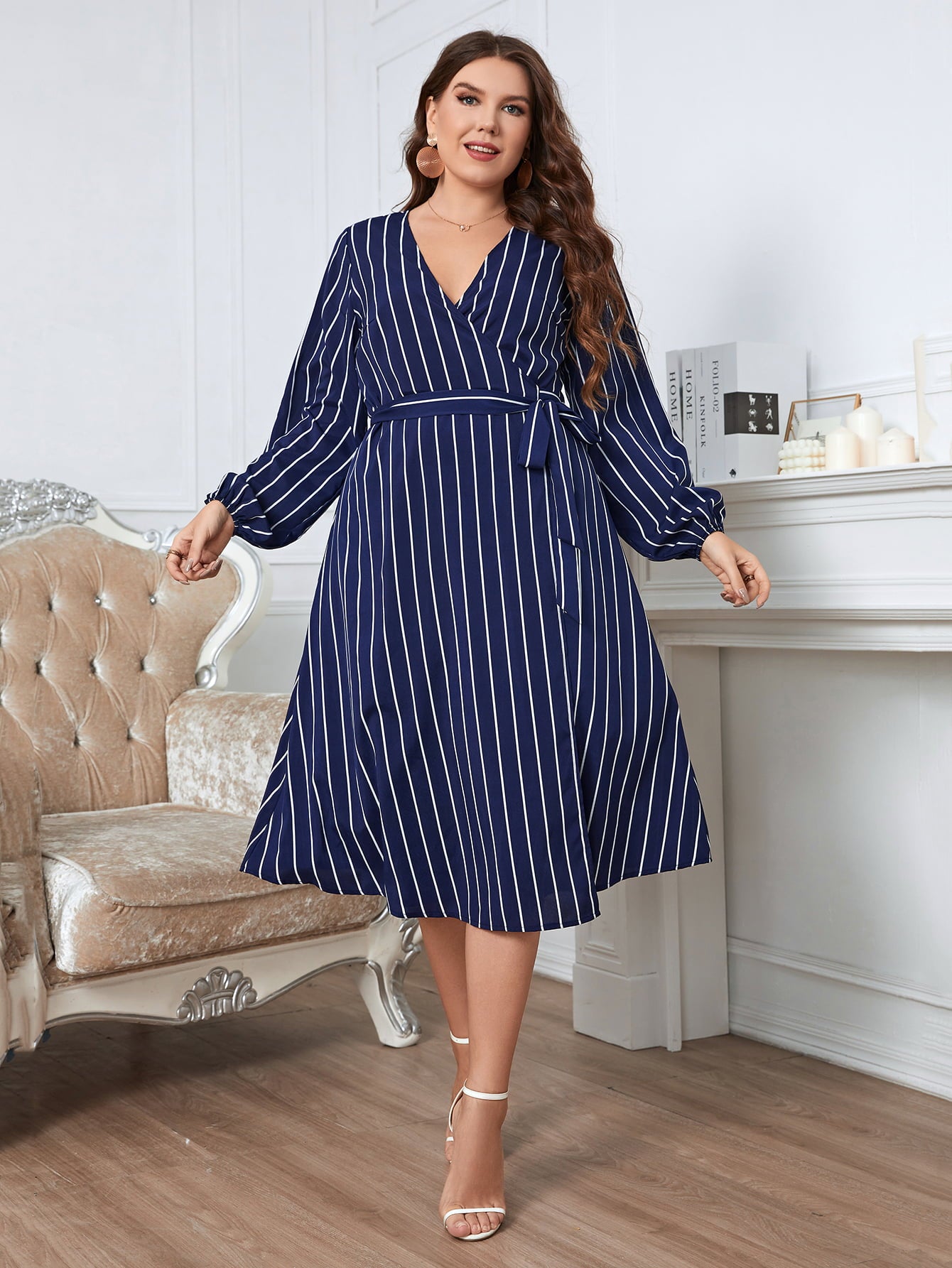 (1X-4X) Wicked Fun Melo Apparel Striped Surplice Neck Long Sleeve Dress