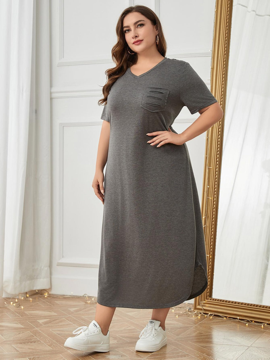 (Curvy) Lunch Date Pocketed V-Neck Short Sleeve Lounge Dress - BP