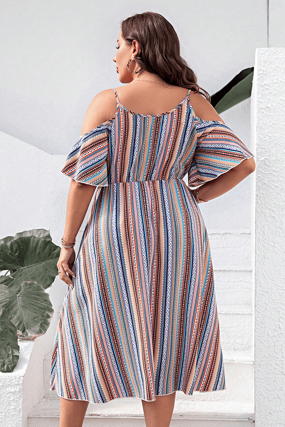 (Curvy) Desert Dreams Striped Cold-Shoulder Dress - BP