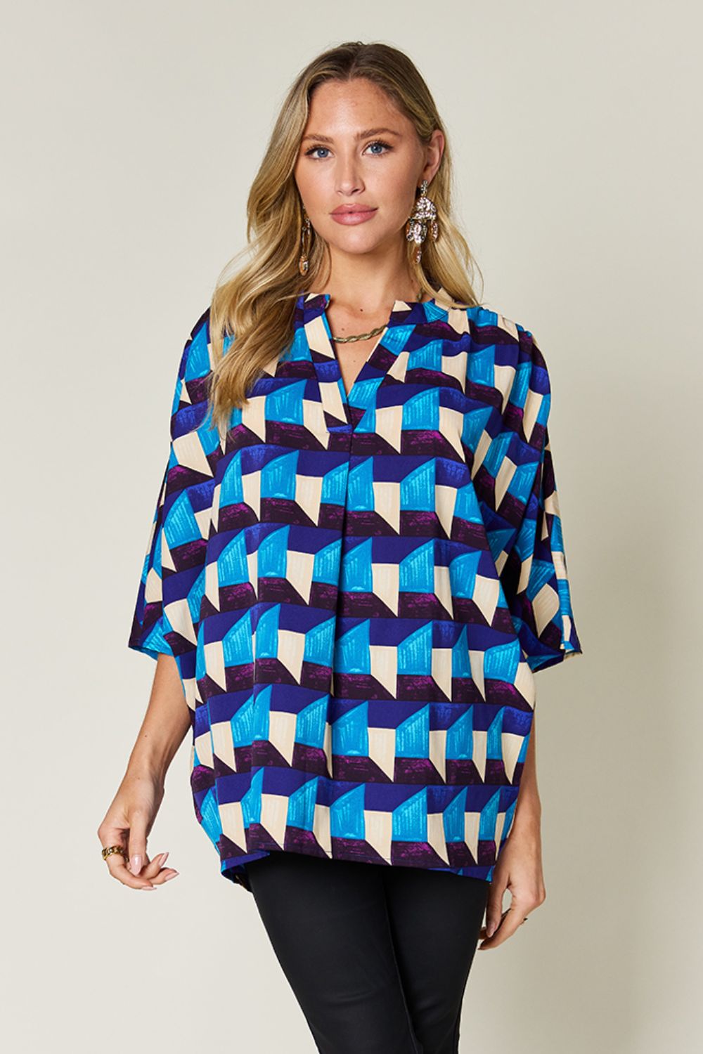 (S-3X) Reading The Signs Full Size Geometric Notched Half Sleeve Blouse (Double Take) - BP