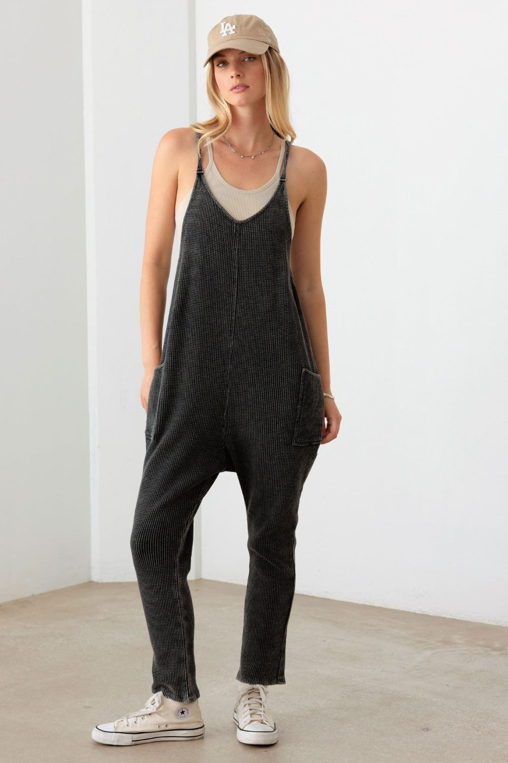 Could You Be Any Cuter Waffle Knit Side Pocket Jumpsuit (Le Lis)