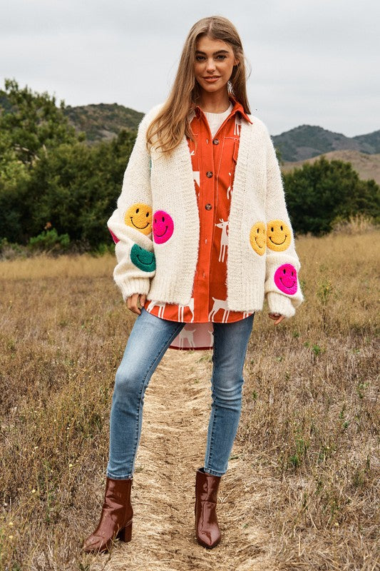 Keep Me Happy Fuzzy Smile Long Bell Sleeve Knit Cardigan